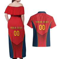 Custom Spain Rugby Couples Matching Off Shoulder Maxi Dress and Hawaiian Shirt Los Leones Lion Mascot