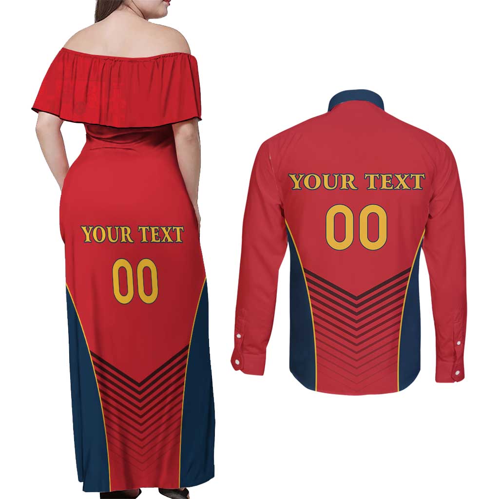 Custom Spain Rugby Couples Matching Off Shoulder Maxi Dress and Long Sleeve Button Shirt Los Leones Lion Mascot