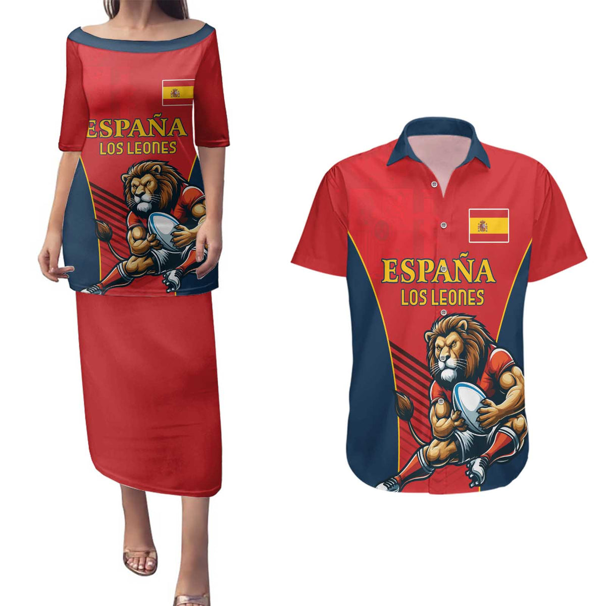 Custom Spain Rugby Couples Matching Puletasi and Hawaiian Shirt Los Leones Lion Mascot