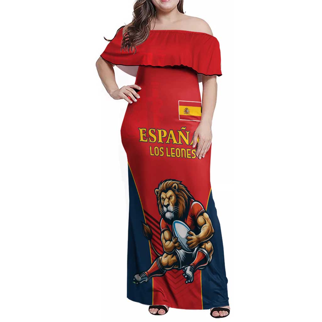 Custom Spain Rugby Family Matching Off Shoulder Maxi Dress and Hawaiian Shirt Los Leones Lion Mascot