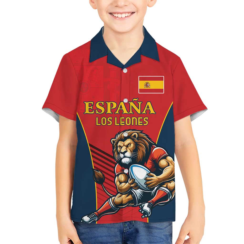 Custom Spain Rugby Family Matching Off Shoulder Short Dress and Hawaiian Shirt Los Leones Lion Mascot