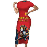 Custom Spain Rugby Family Matching Short Sleeve Bodycon Dress and Hawaiian Shirt Los Leones Lion Mascot - Wonder Print Shop