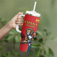 Custom Spain Rugby Tumbler With Handle Los Leones Lion Mascot - Wonder Print Shop