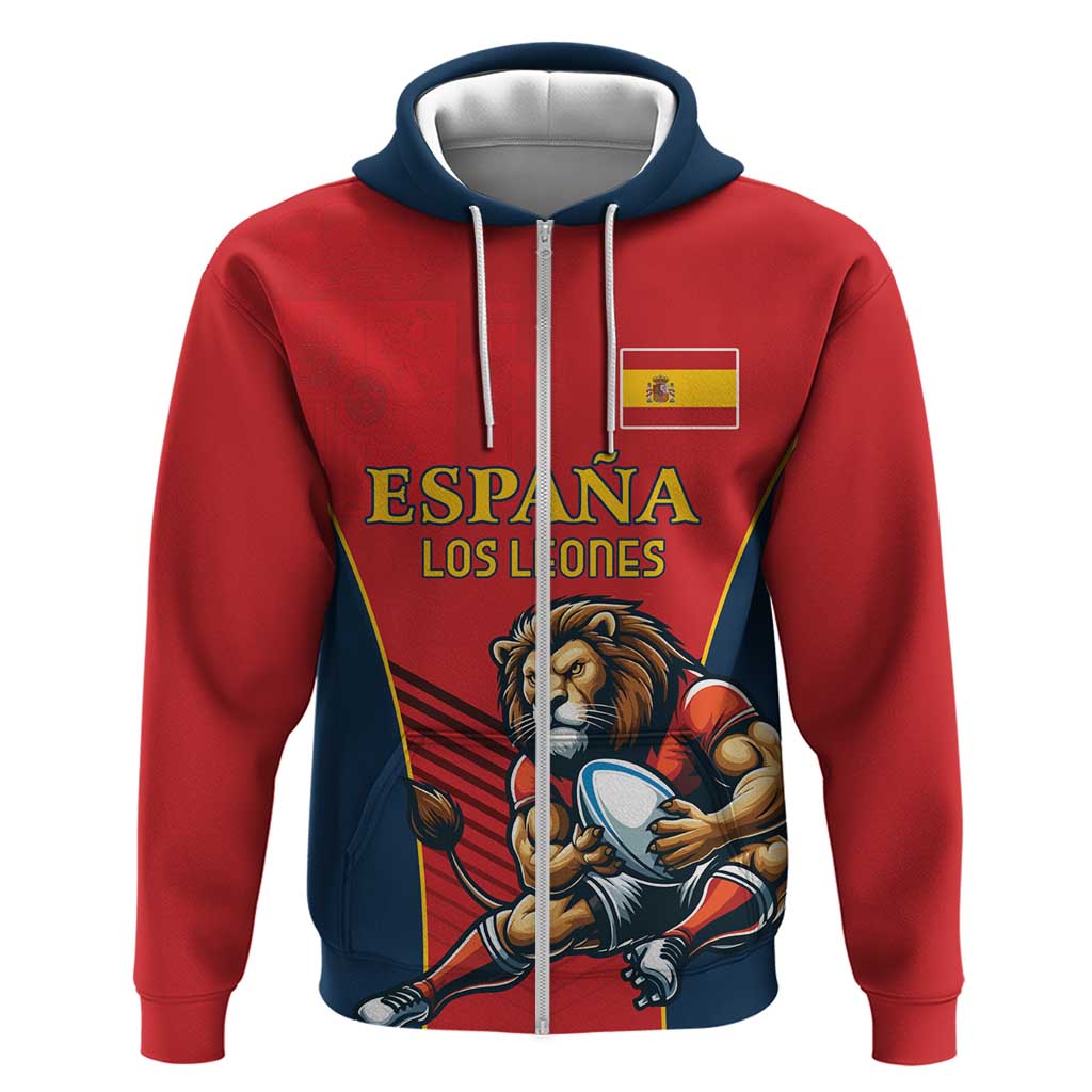Custom Spain Rugby Zip Hoodie Los Leones Lion Mascot - Wonder Print Shop