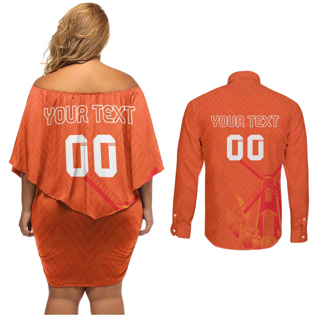 Custom Netherlands Rugby Couples Matching Off Shoulder Short Dress and Long Sleeve Button Shirt Windmill and Tulips With Jersey Pattern
