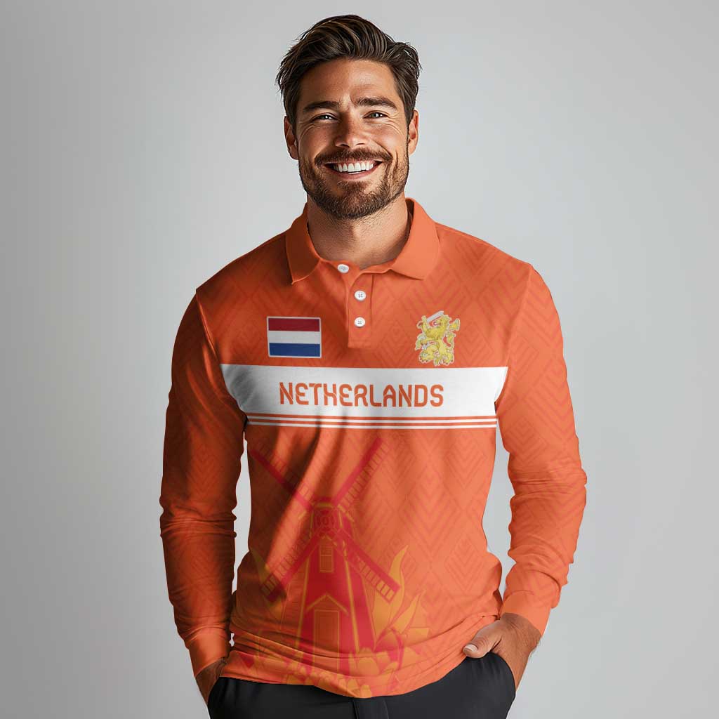Custom Netherlands Rugby Long Sleeve Polo Shirt Windmill and Tulips With Jersey Pattern - Wonder Print Shop