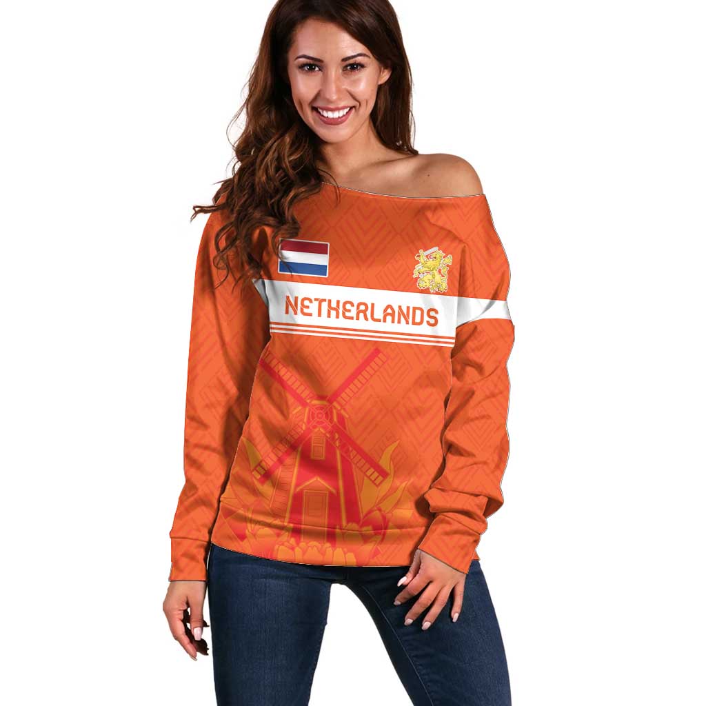Custom Netherlands Rugby Off Shoulder Sweater Windmill and Tulips With Jersey Pattern - Wonder Print Shop