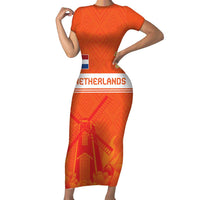 Custom Netherlands Rugby Short Sleeve Bodycon Dress Windmill and Tulips With Jersey Pattern - Wonder Print Shop