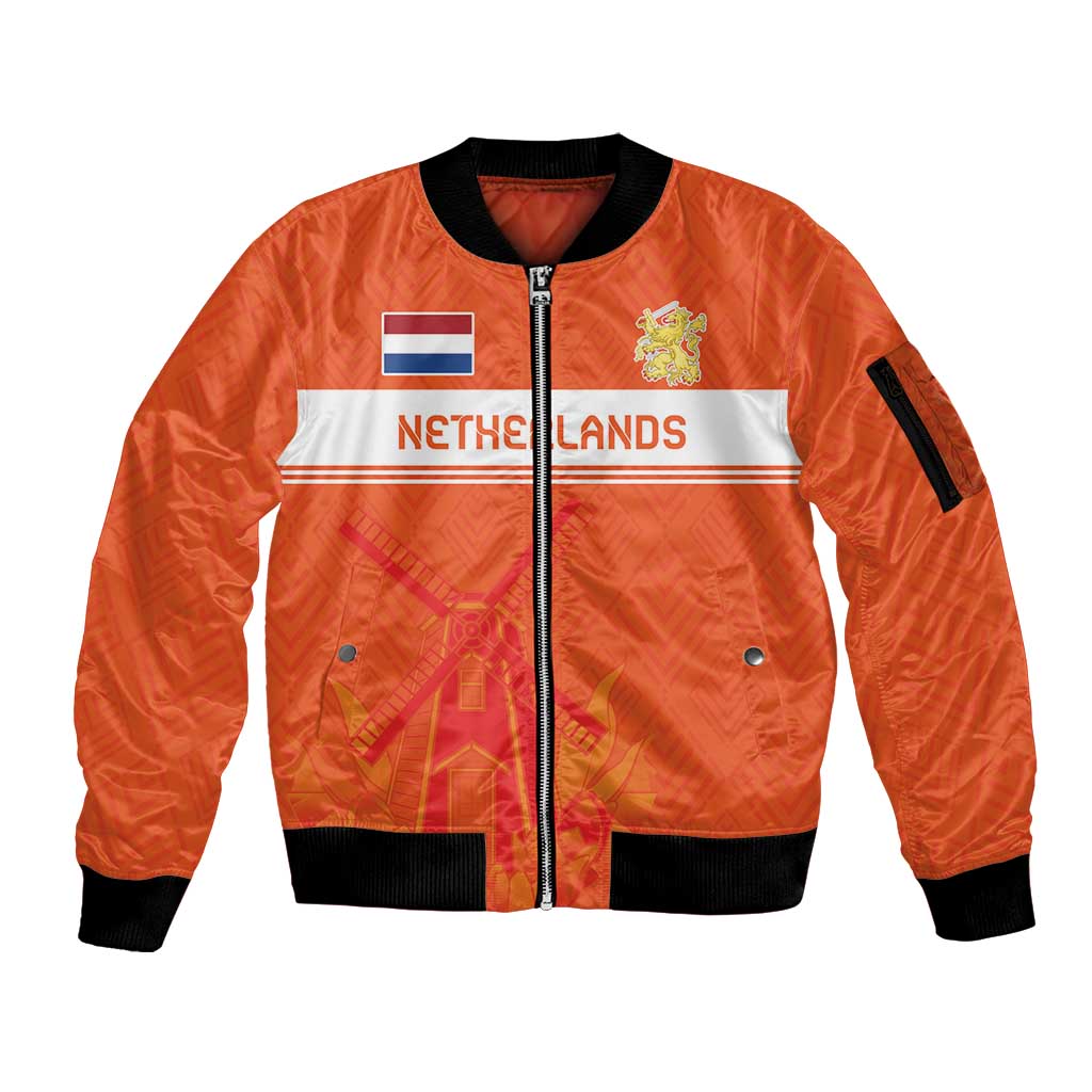 Custom Netherlands Rugby Sleeve Zip Bomber Jacket Windmill and Tulips With Jersey Pattern - Wonder Print Shop