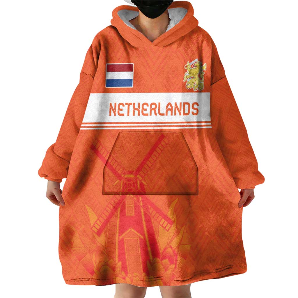 Custom Netherlands Rugby Wearable Blanket Hoodie Windmill and Tulips With Jersey Pattern - Wonder Print Shop