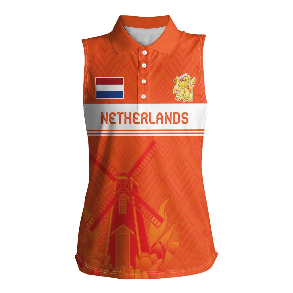 Custom Netherlands Rugby Women Sleeveless Polo Shirt Windmill and Tulips With Jersey Pattern - Wonder Print Shop