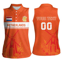 Custom Netherlands Rugby Women Sleeveless Polo Shirt Windmill and Tulips With Jersey Pattern - Wonder Print Shop