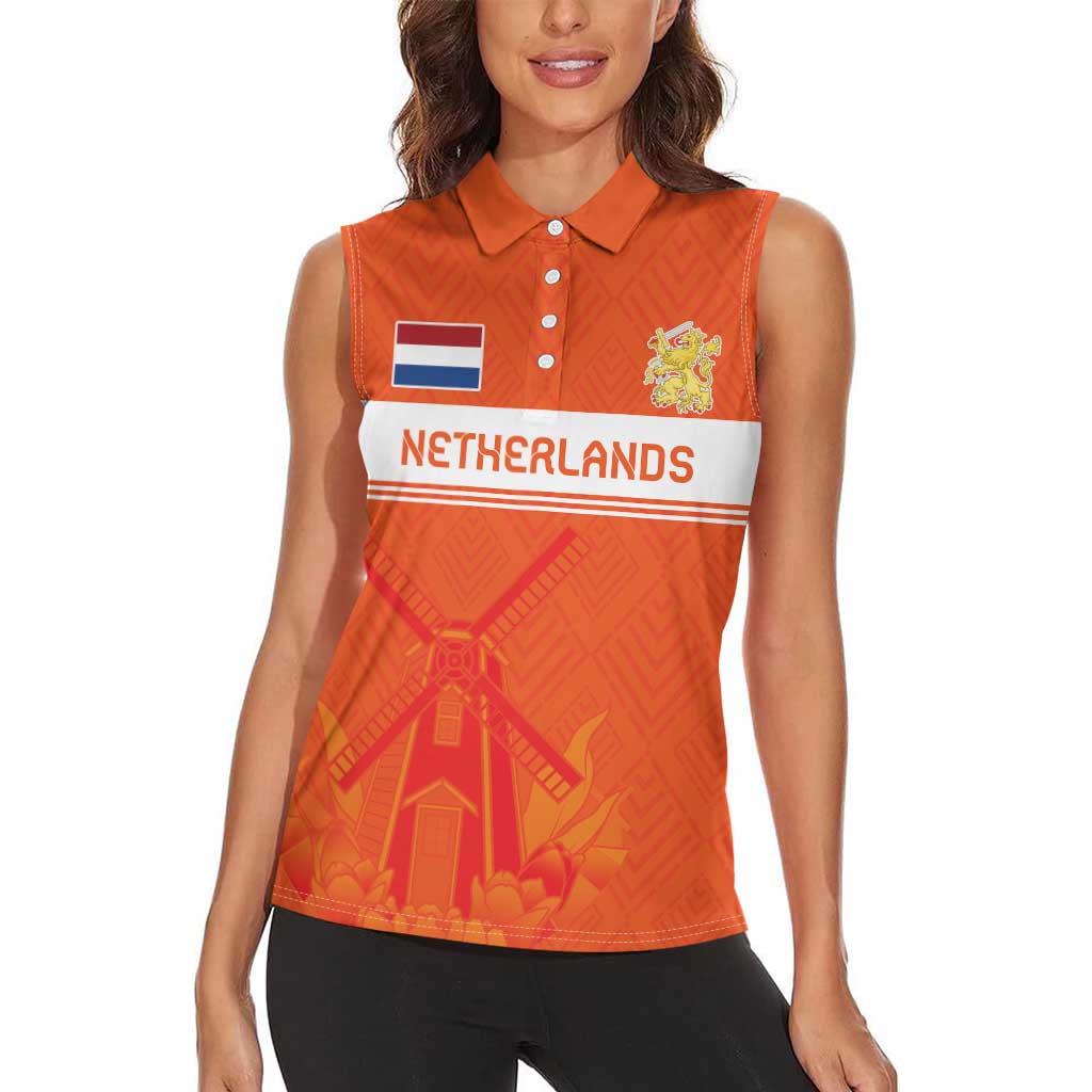 Custom Netherlands Rugby Women Sleeveless Polo Shirt Windmill and Tulips With Jersey Pattern - Wonder Print Shop