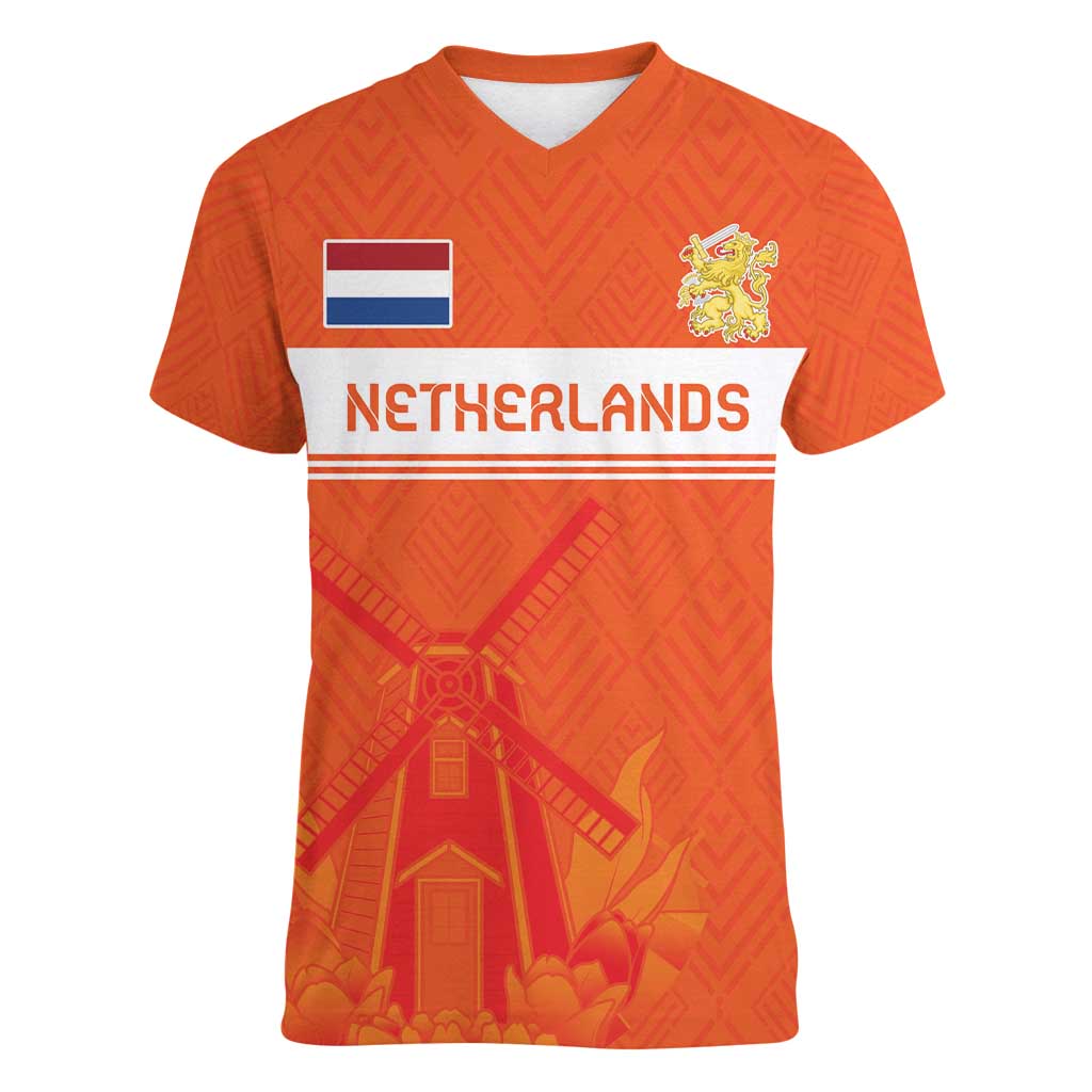 Custom Netherlands Rugby Women V-Neck T-Shirt Windmill and Tulips With Jersey Pattern - Wonder Print Shop