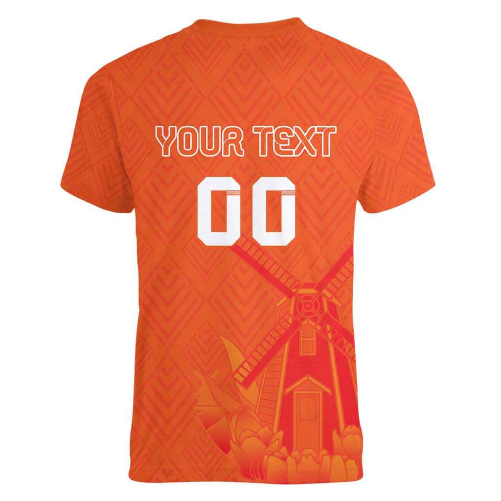 Custom Netherlands Rugby Women V-Neck T-Shirt Windmill and Tulips With Jersey Pattern - Wonder Print Shop