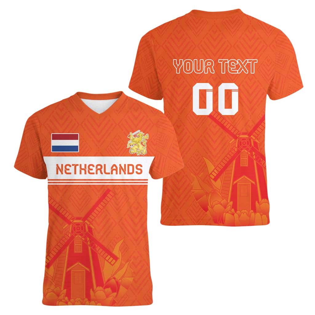Custom Netherlands Rugby Women V-Neck T-Shirt Windmill and Tulips With Jersey Pattern - Wonder Print Shop