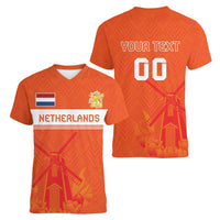 Custom Netherlands Rugby Women V-Neck T-Shirt Windmill and Tulips With Jersey Pattern - Wonder Print Shop