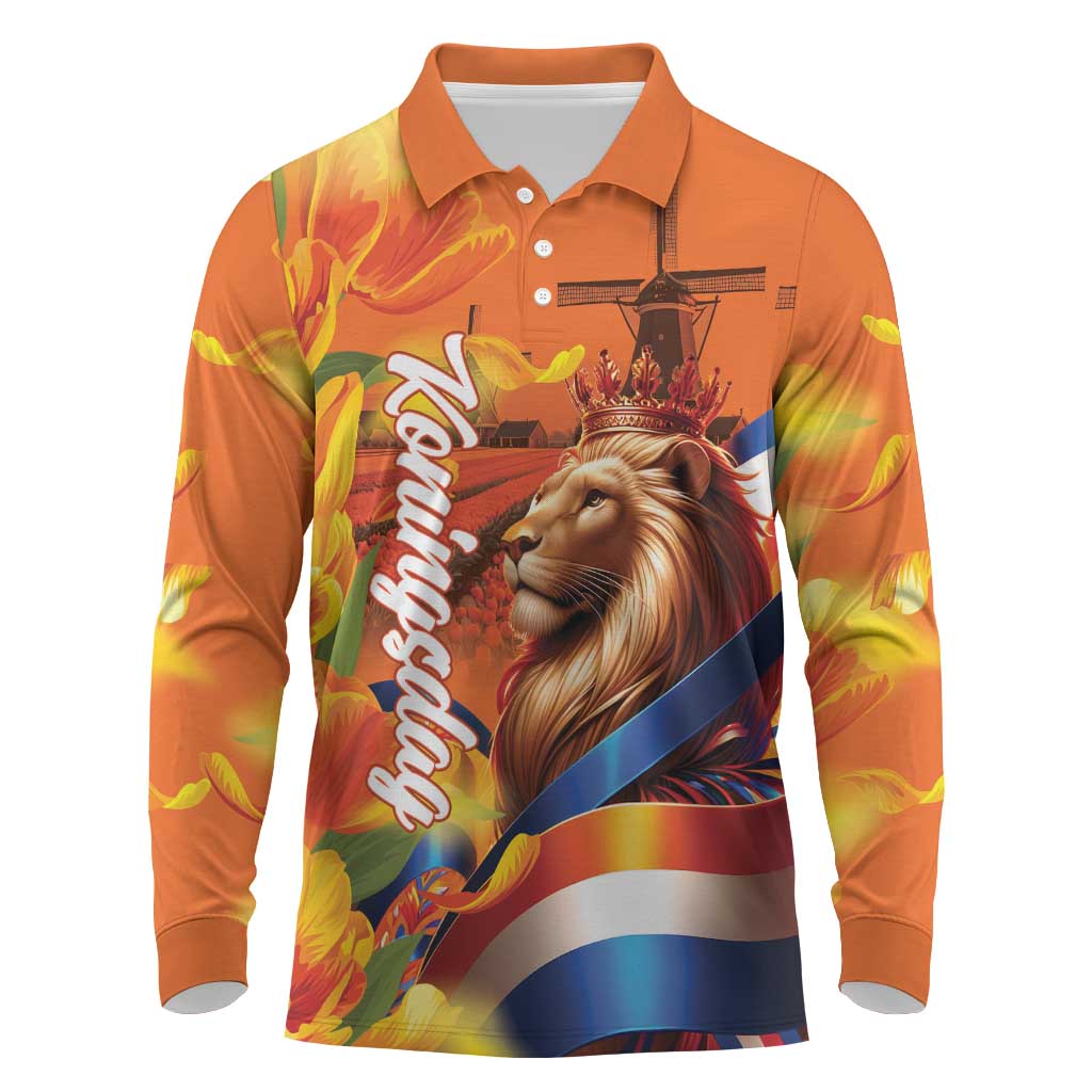 Netherlands Koningsdag Long Sleeve Polo Shirt Dutch Lion of Royal Pride