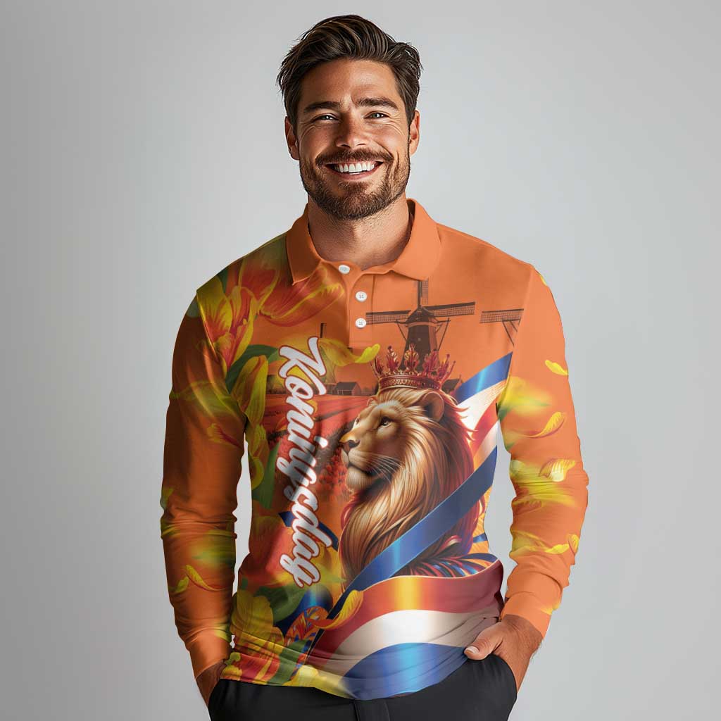 Netherlands Koningsdag Long Sleeve Polo Shirt Dutch Lion of Royal Pride
