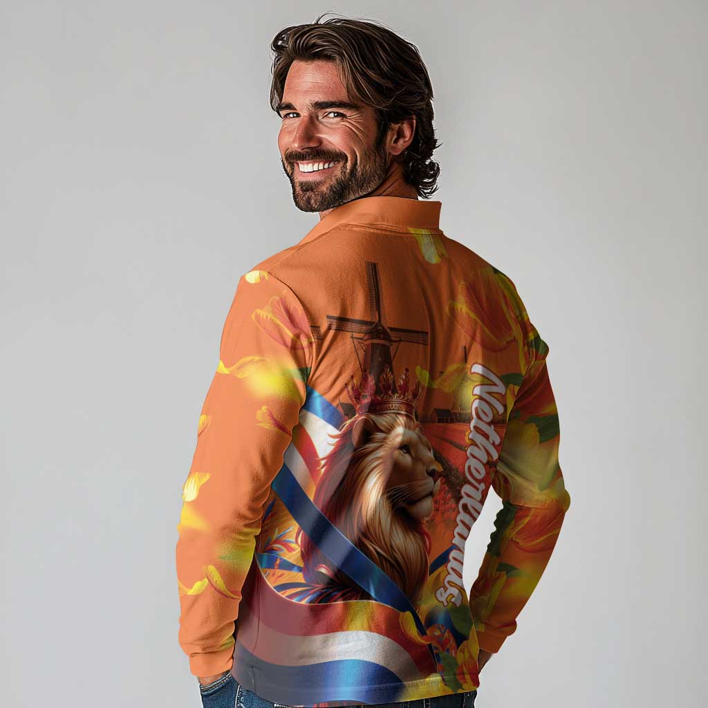 Netherlands Koningsdag Long Sleeve Polo Shirt Dutch Lion of Royal Pride
