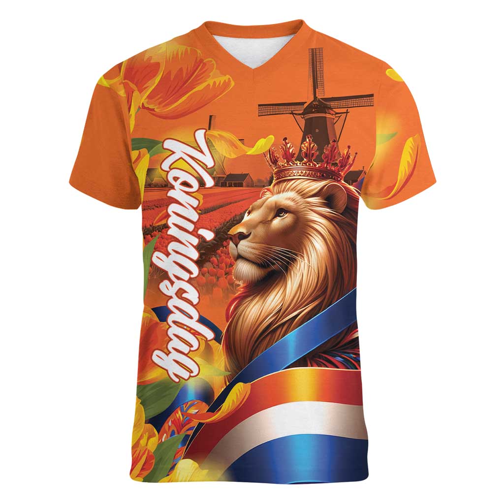 Netherlands Koningsdag Women V-Neck T-Shirt Dutch Lion of Royal Pride