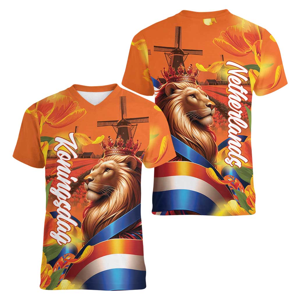 Netherlands Koningsdag Women V-Neck T-Shirt Dutch Lion of Royal Pride