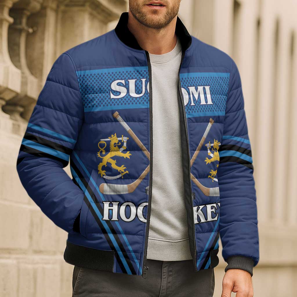 Finland Hockey Custom Bomber Puffer Jacket Suomi Lion Ice Pride 2026 Blue Version