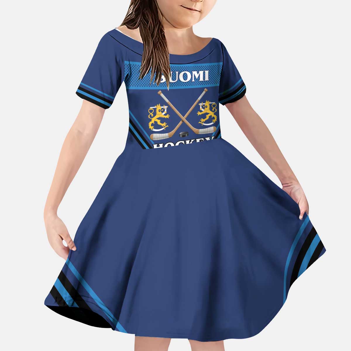 Finland Hockey Custom Kid Short Sleeve Dress Suomi Lion Ice Pride 2026 Blue Version