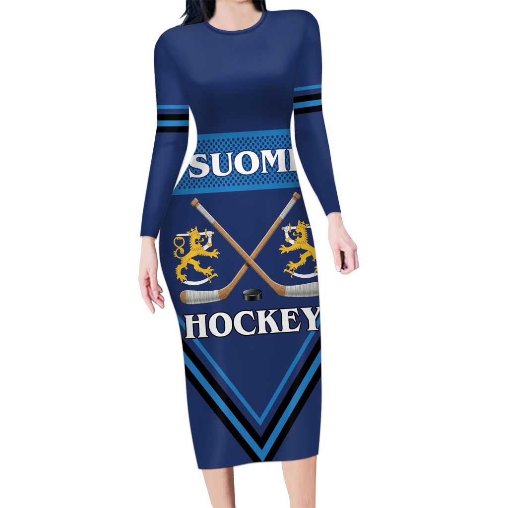 Finland Hockey Custom Long Sleeve Bodycon Dress Suomi Lion Ice Pride 2026 Blue Version