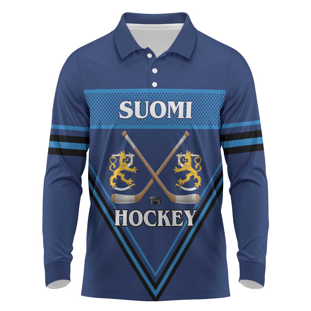 Finland Hockey Custom Long Sleeve Polo Shirt Suomi Lion Ice Pride 2026 Blue Version