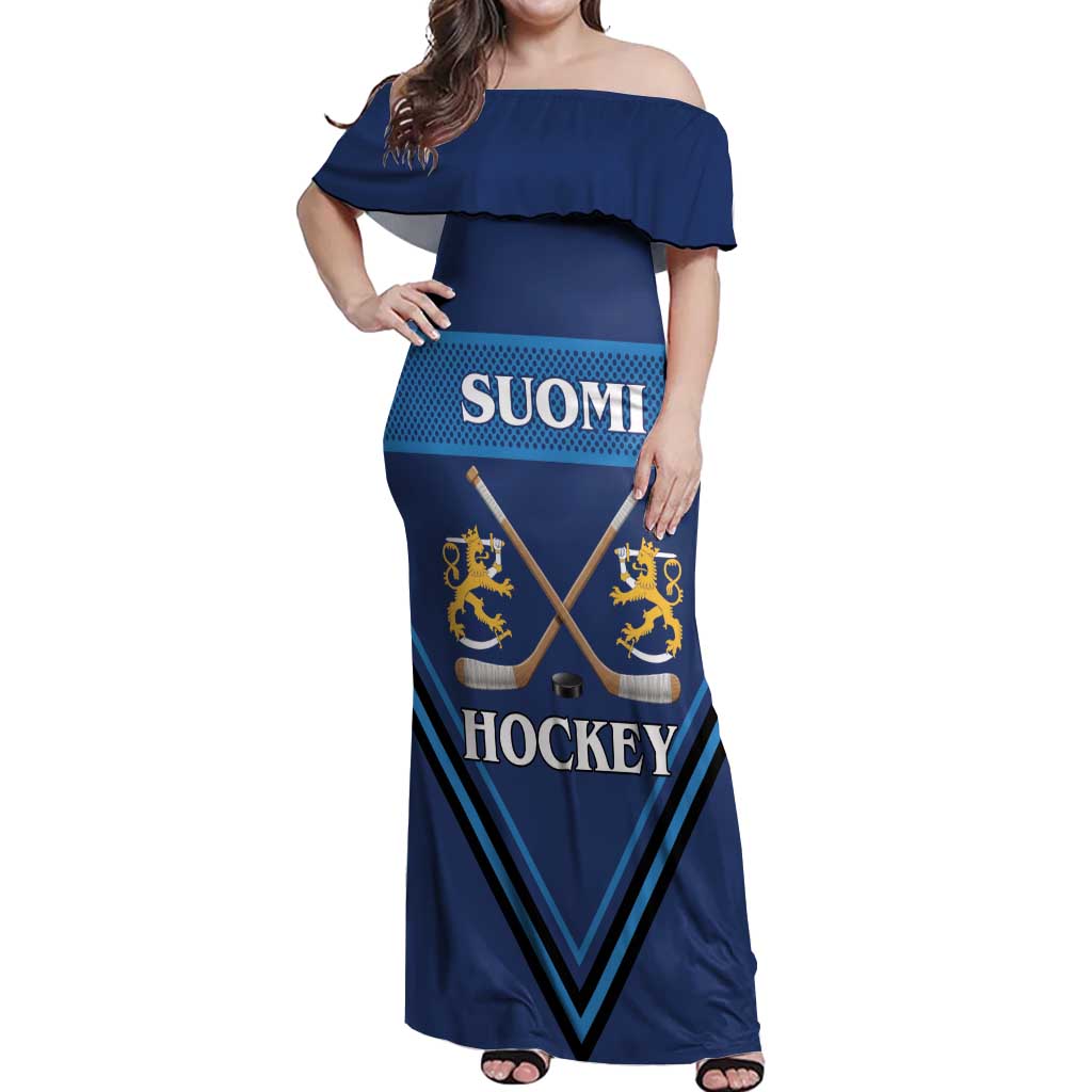 Finland Hockey Custom Off Shoulder Maxi Dress Suomi Lion Ice Pride 2026 Blue Version