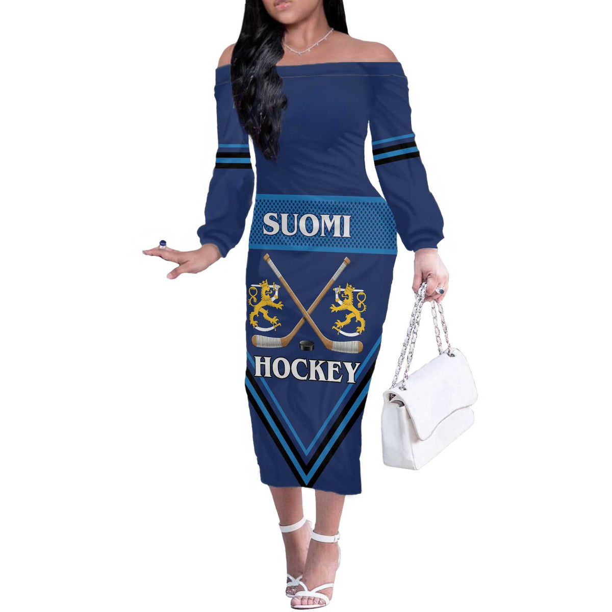 Finland Hockey Custom Off The Shoulder Long Sleeve Dress Suomi Lion Ice Pride 2026 Blue Version