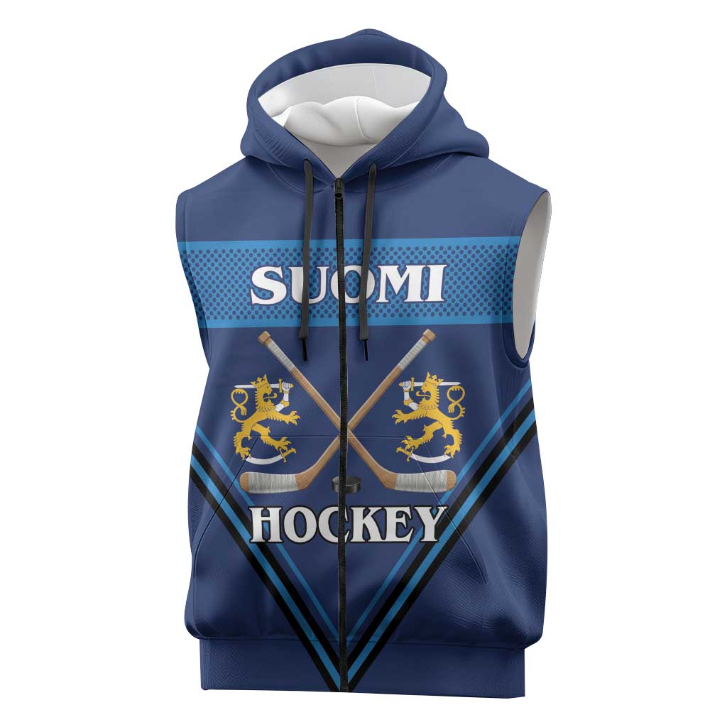 Finland Hockey Custom Sleeveless Zip Hoodie Suomi Lion Ice Pride 2026 Blue Version