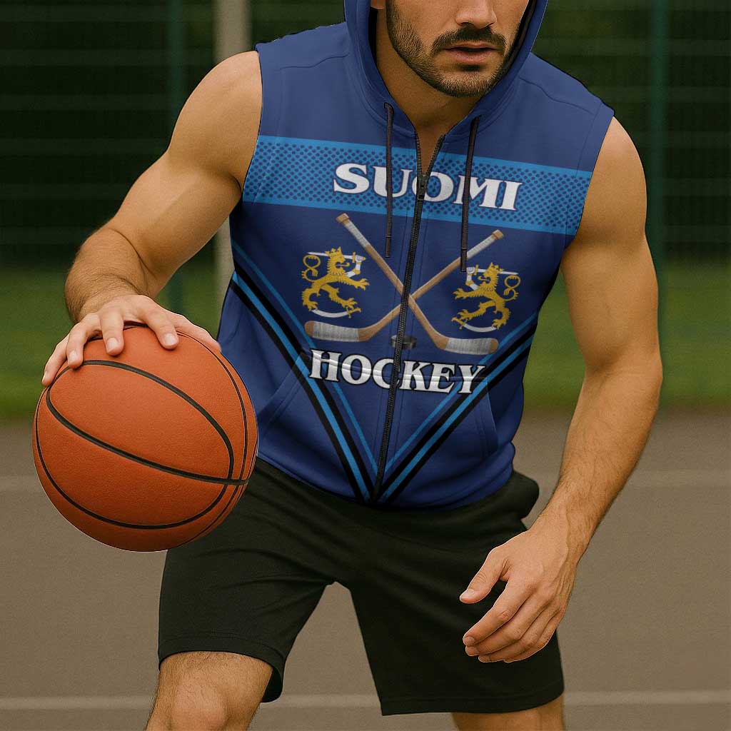 Finland Hockey Custom Sleeveless Zip Hoodie Suomi Lion Ice Pride 2026 Blue Version