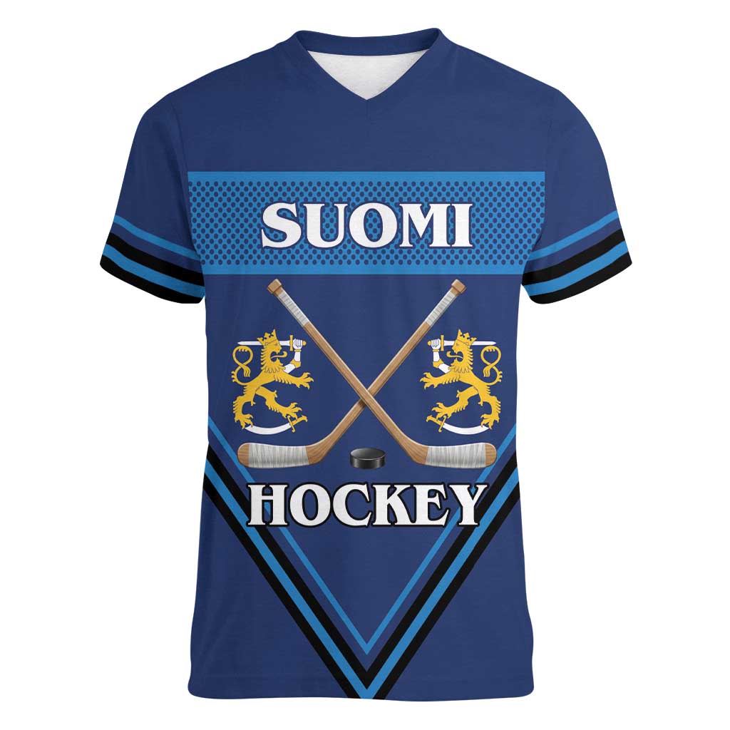 Finland Hockey Custom Women V-Neck T-Shirt Suomi Lion Ice Pride 2026 Blue Version