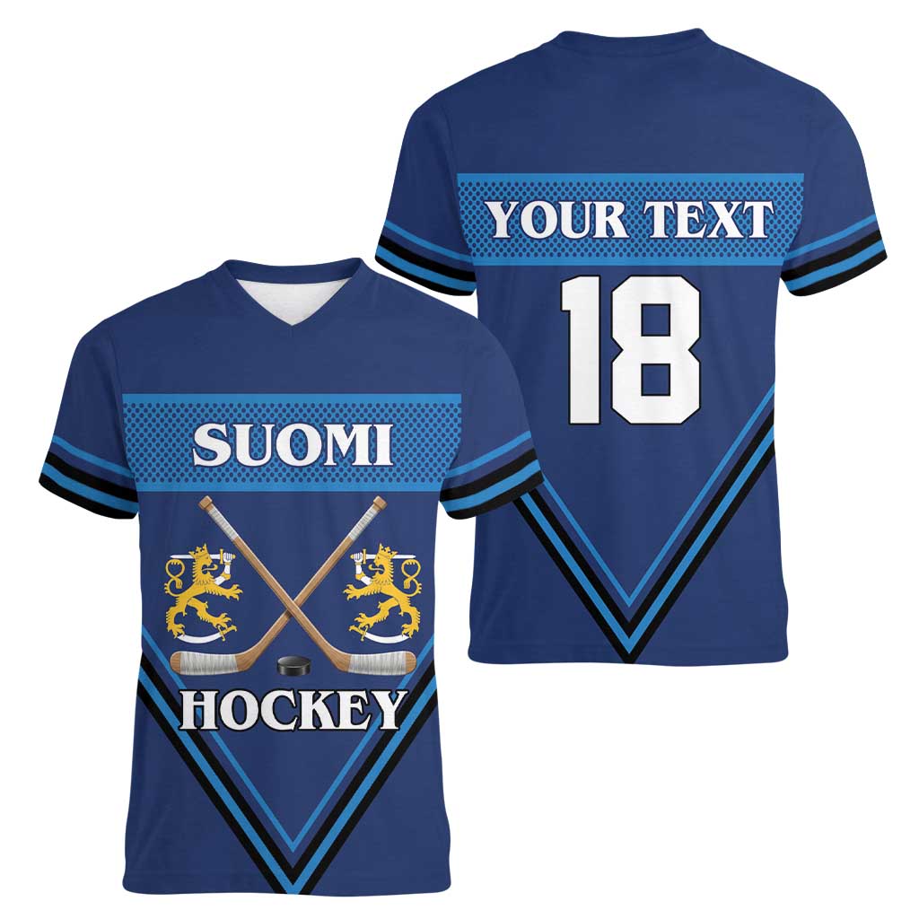 Finland Hockey Custom Women V-Neck T-Shirt Suomi Lion Ice Pride 2026 Blue Version