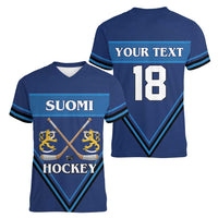 Finland Hockey Custom Women V-Neck T-Shirt Suomi Lion Ice Pride 2026 Blue Version