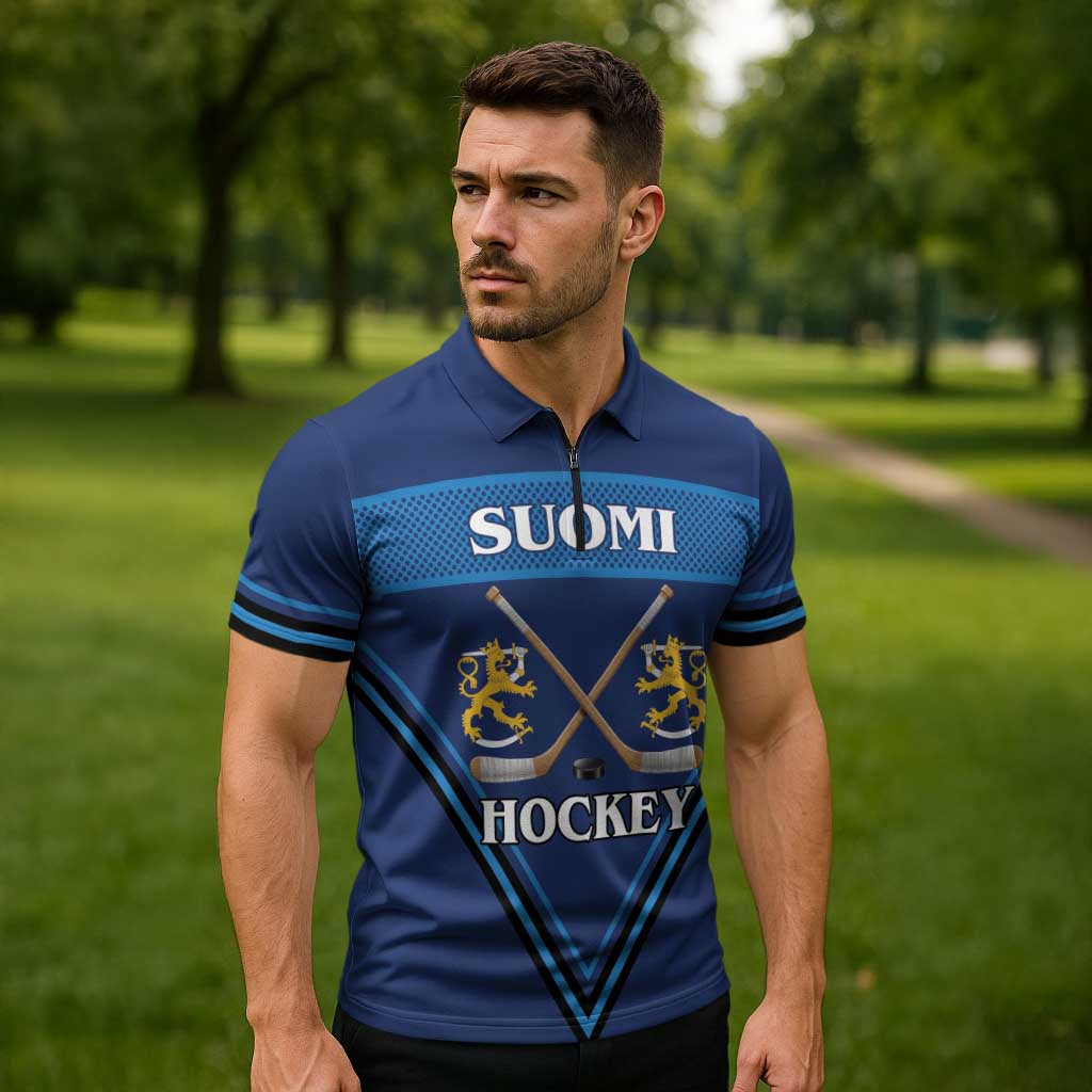 Finland Hockey Custom Zipper Polo Shirt Suomi Lion Ice Pride 2026 Blue Version