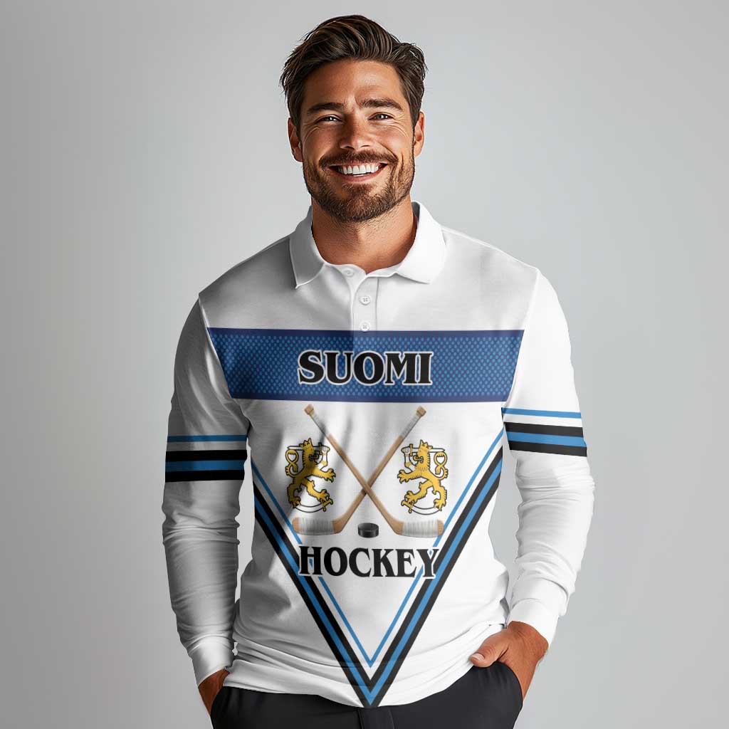 Finland Hockey Custom Long Sleeve Polo Shirt Suomi Lion Ice Pride 2026 White Version