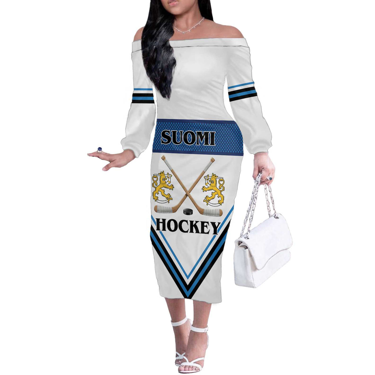 Finland Hockey Custom Off The Shoulder Long Sleeve Dress Suomi Lion Ice Pride 2026 White Version