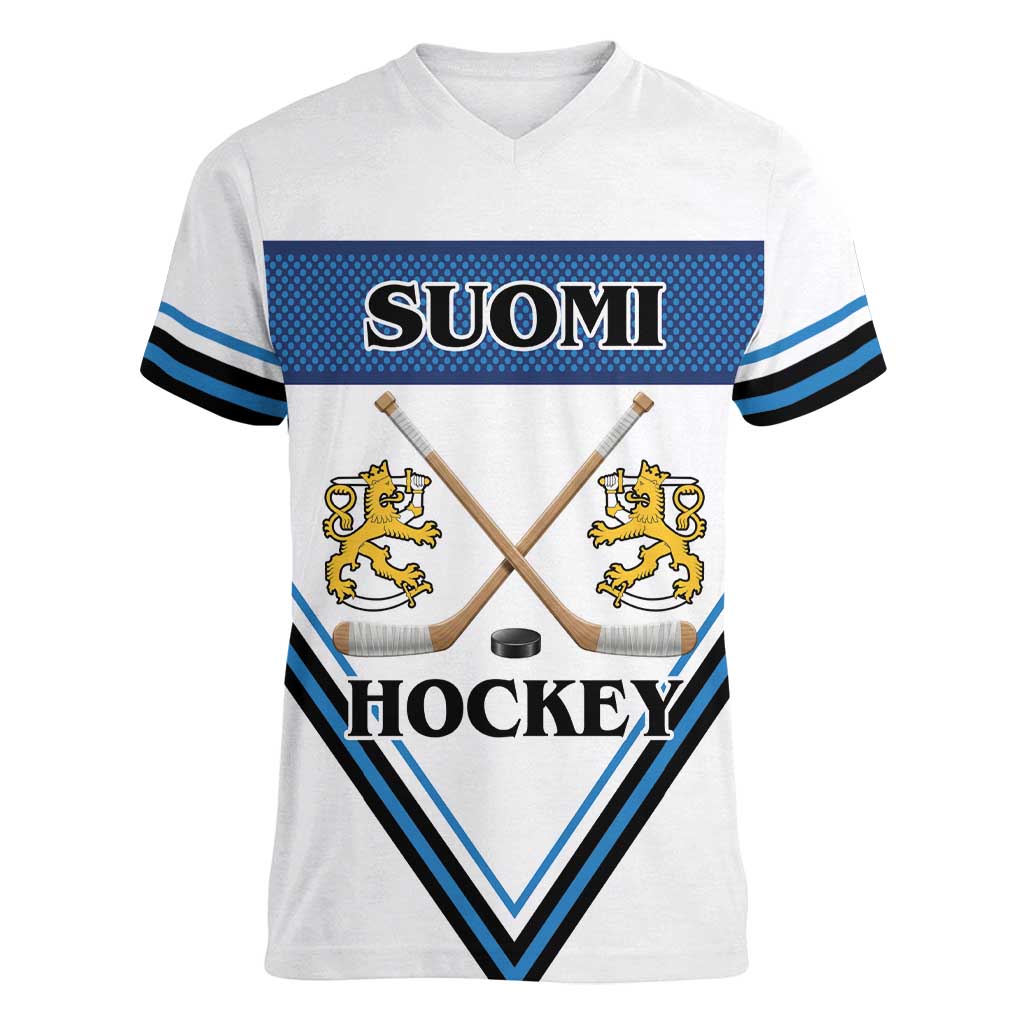 Finland Hockey Custom Women V-Neck T-Shirt Suomi Lion Ice Pride 2026 White Version