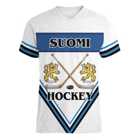 Finland Hockey Custom Women V-Neck T-Shirt Suomi Lion Ice Pride 2026 White Version