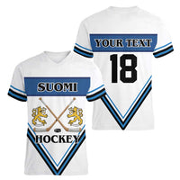 Finland Hockey Custom Women V-Neck T-Shirt Suomi Lion Ice Pride 2026 White Version