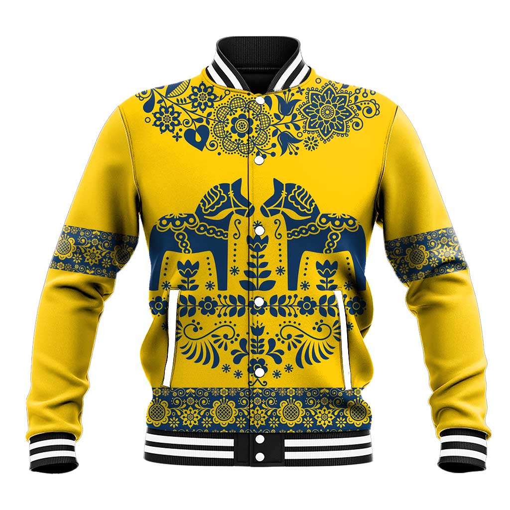 Sweden Daleclarian Horse Baseball Jacket Floral Folk Pattern Yellow Version