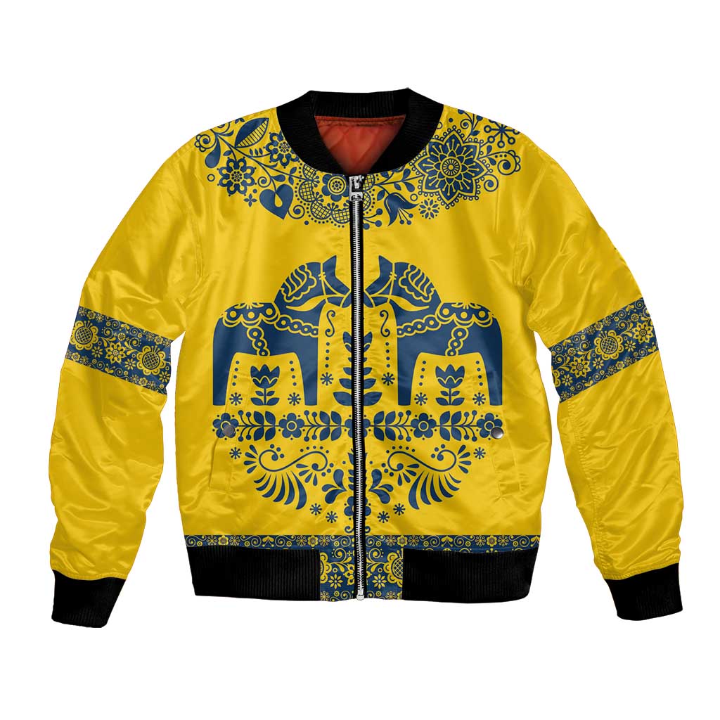 Sweden Daleclarian Horse Bomber Jacket Floral Folk Pattern Yellow Version
