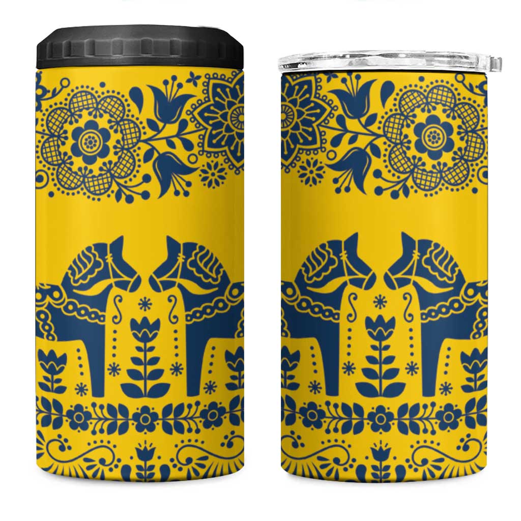 Sweden Daleclarian Horse 4 in 1 Can Cooler Tumbler Floral Folk Pattern Yellow Version