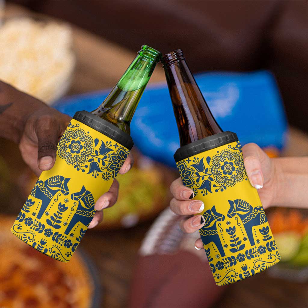 Sweden Daleclarian Horse 4 in 1 Can Cooler Tumbler Floral Folk Pattern Yellow Version