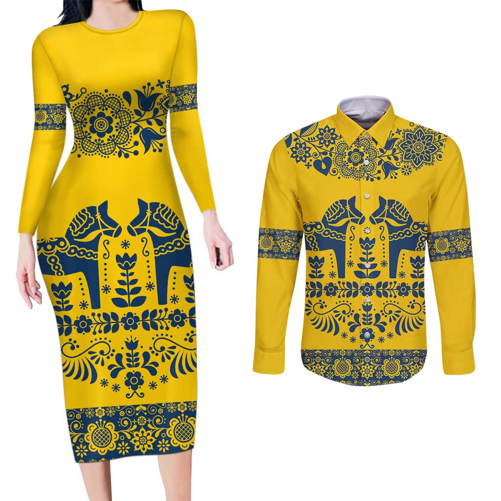 Sweden Daleclarian Horse Couples Matching Long Sleeve Bodycon Dress and Long Sleeve Button Shirt Floral Folk Pattern Yellow Version