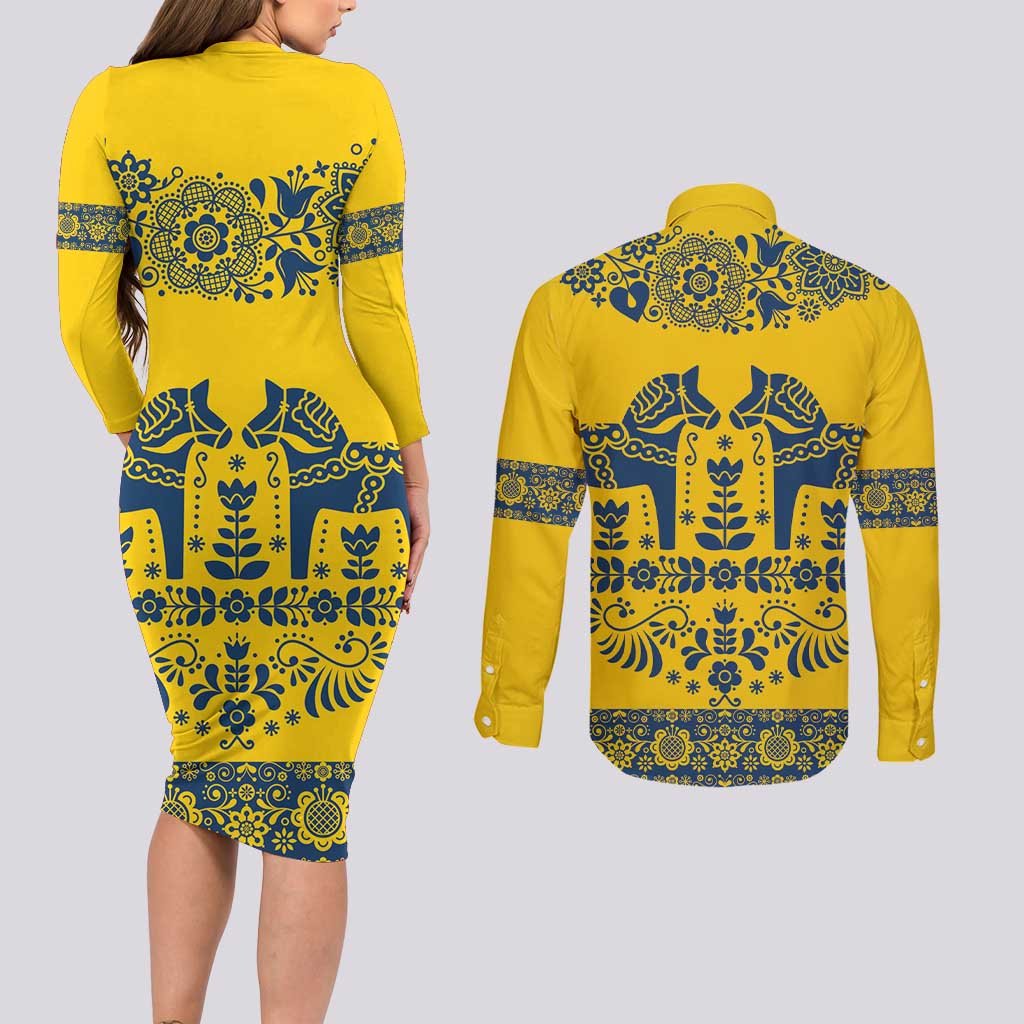 Sweden Daleclarian Horse Couples Matching Long Sleeve Bodycon Dress and Long Sleeve Button Shirt Floral Folk Pattern Yellow Version