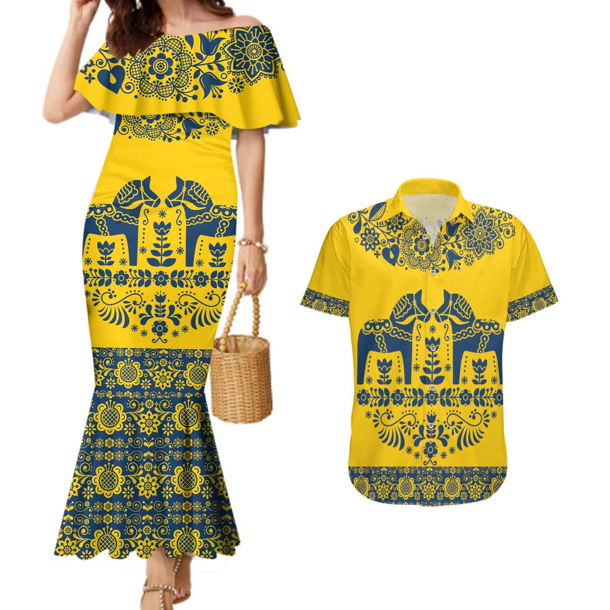 Sweden Daleclarian Horse Couples Matching Mermaid Dress and Hawaiian Shirt Floral Folk Pattern Yellow Version